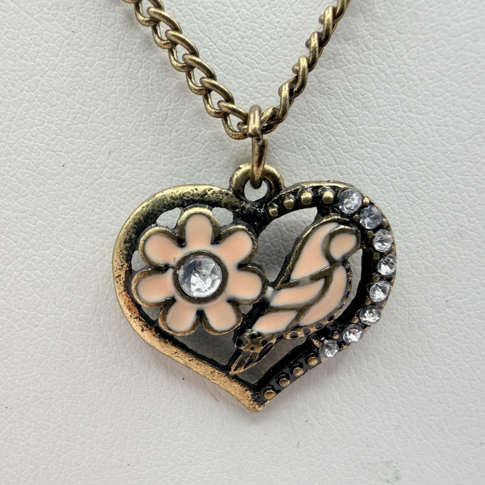 Gold Tone Heart Pendant Necklace Bird Flower Pink Enamel Dainty Minimalist Retro